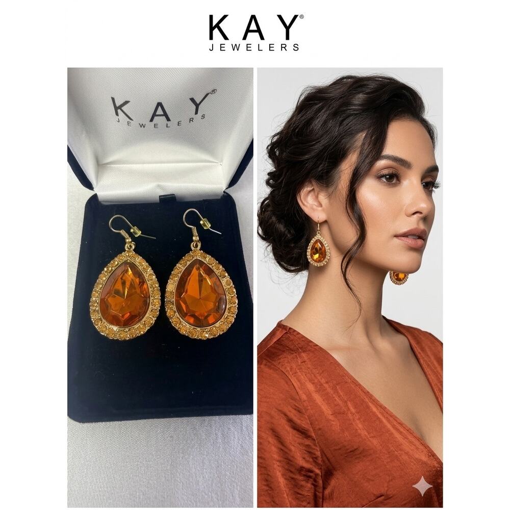 Stunning Amber Orange Crystal Teardrop Dangle Earrings, Gold Tone, Fall Wedding